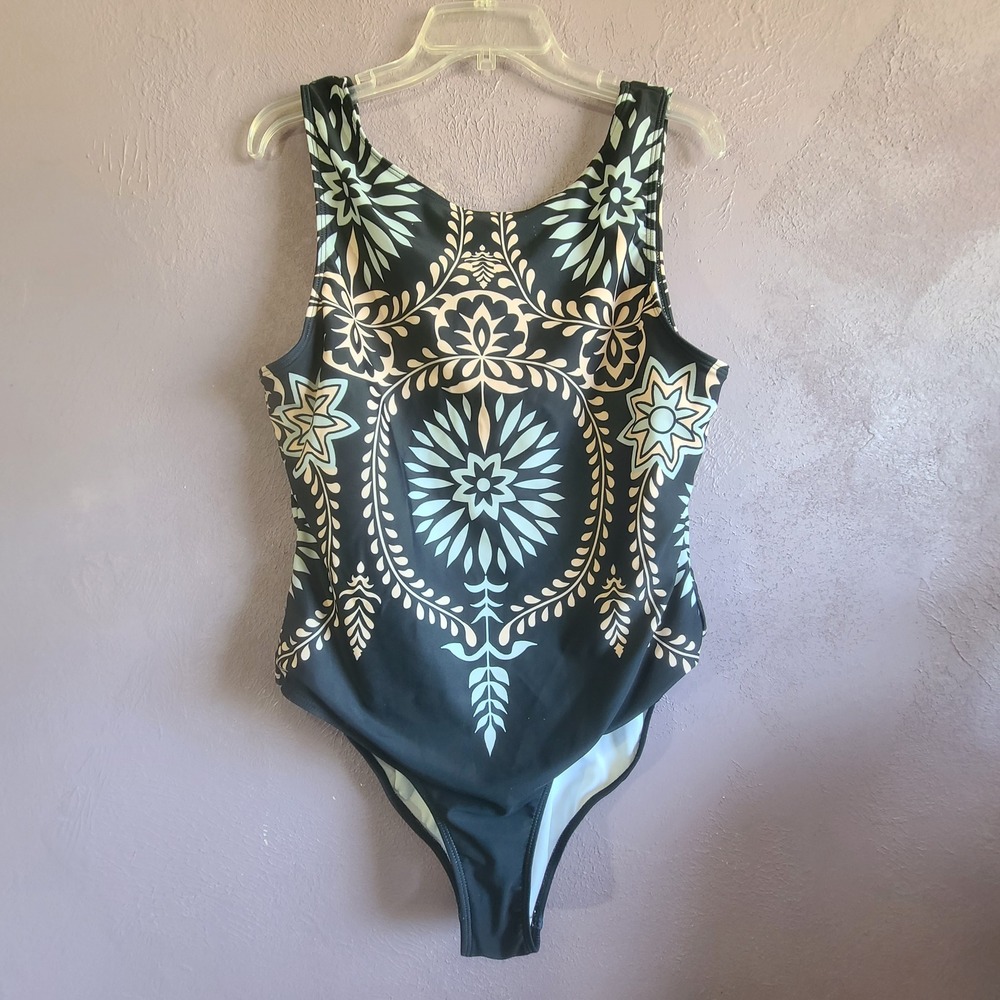 Unbranded One Piece Swimsuit Women XL Navy Peach Blue Mandala Floral Scoop Back